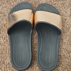 CROCS Gold and Gray Slide Sandals